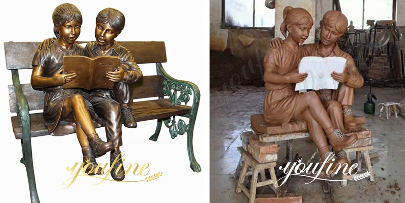 Custom Bronze Boy and Girl Reading Books Garden Statue for Sale BOKK-724 Clay Mold